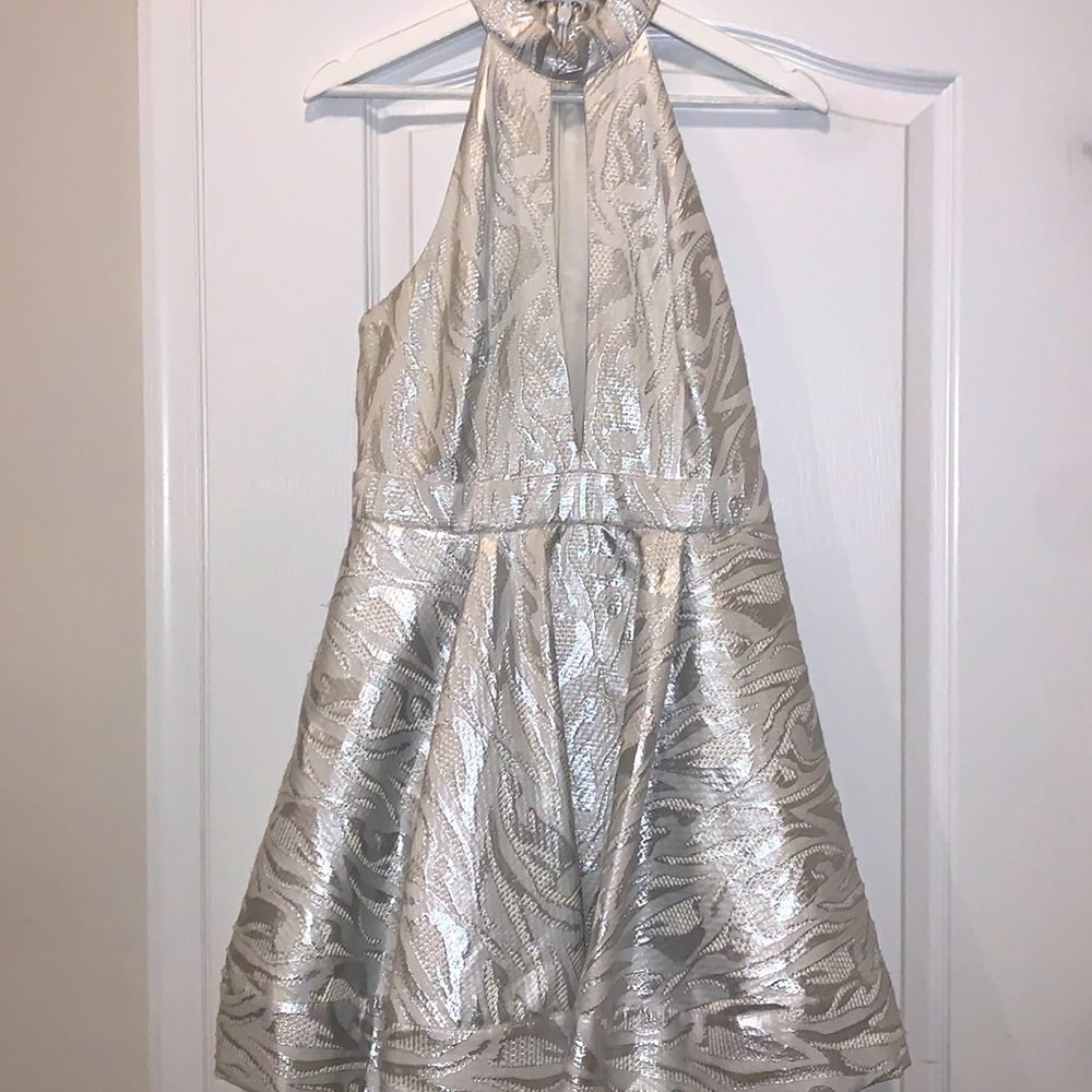 Silver and white dress! Designer Bebe.
